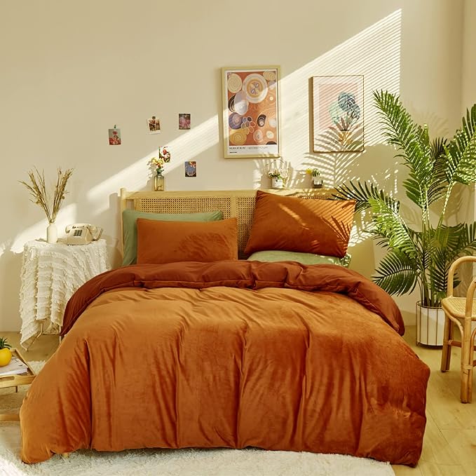 Luxlovery Burnt Orange Fluffy Comforter Cal King Rust Caramel Velvet Bedding Comforter Sets Flannel Winter Sherpa Micromink Blanket Quilts Warm Comfy Soft Bedding Comforter Set