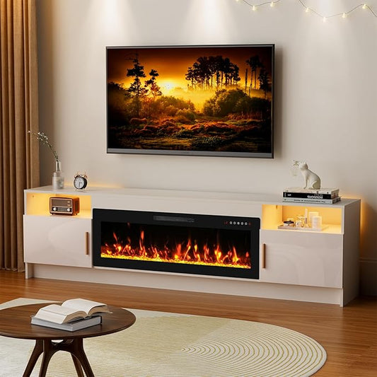 80'' TV Stand with 42''Fireplace-White Entertainment Center for 90 inch TV- TV Cabinet with LED Light, Storage, High Glossy Door, Modern TV Console for Living Room