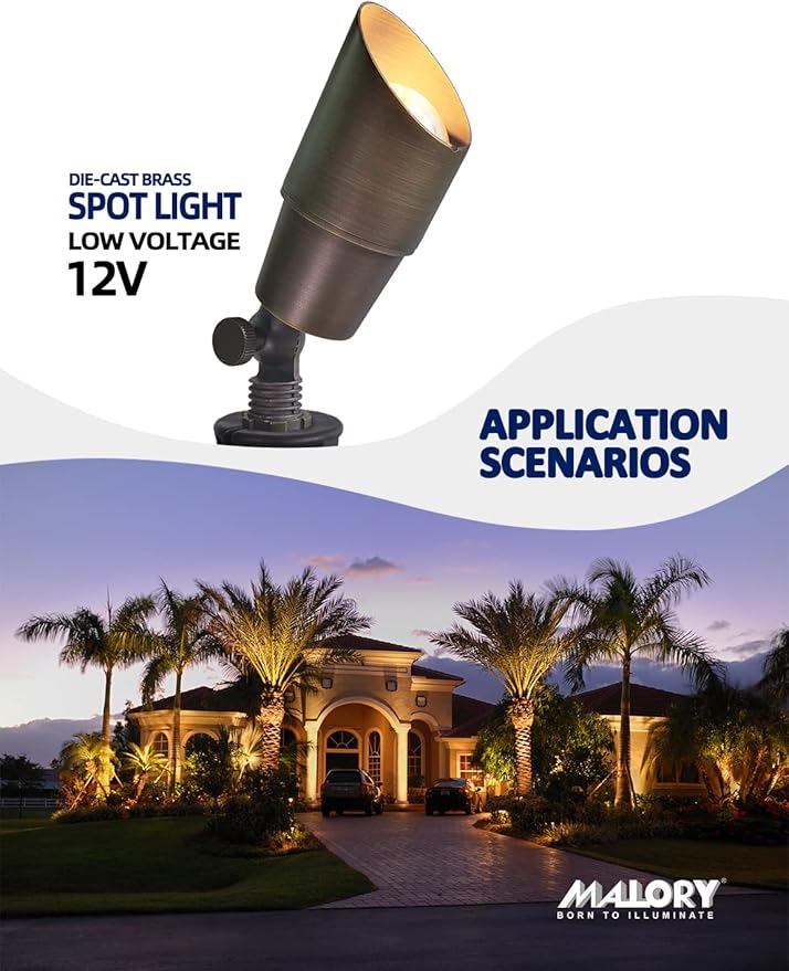 MALORY Brass Landscape Spotlight 1-Pack with Bulb(S01), Low Voltage 12V AC/DC LED Outdoor Landscape Lighting,PVC Ground Stake and Wire Connector Included, Garden Patio Trees Spot Uplight