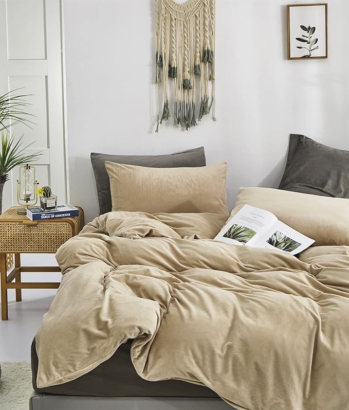 Cottonight Cream Coffee Velvet Comforter Set California King Khaki Bedding Comforter Set Dark Champagne Brown Solid Blanket Quilts Flannel Modern Winter Warm Taupe 3 Piece Light Coffee Bedding Set