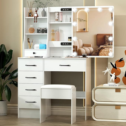 Vanity Desk with Mirror and Lights,Small Vanity with 6 Drawers 6 Storage Shelves & 10 LED Bulbs Slide Mirror,3 Lighting Colors Adjustable,White,31.5" L*14.2" W*51.2" H