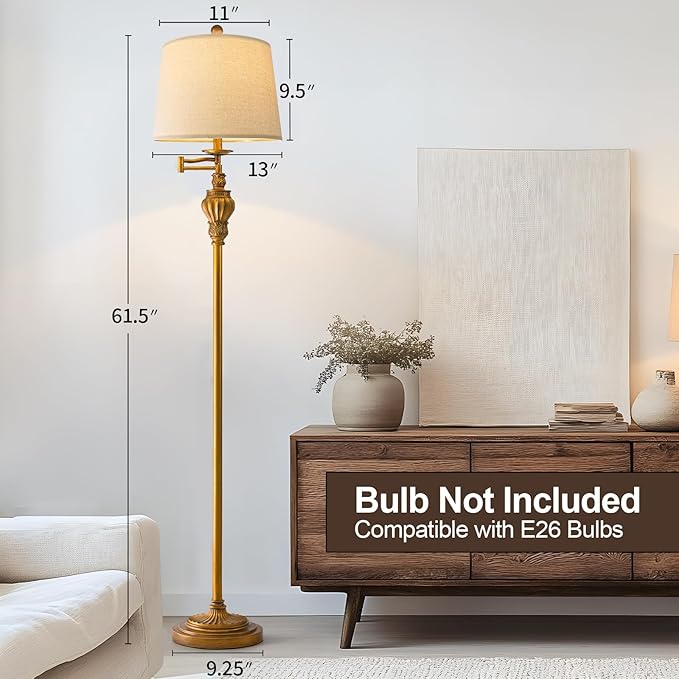 61" Vintage Floor Lamp with 350° Adjustable Swing Arm, Gold Standing Lamp for Bedroom Living Room Nightstand Bedside Retro Farmhouse Mid Century Lamp Light Home Décor Office Gifts