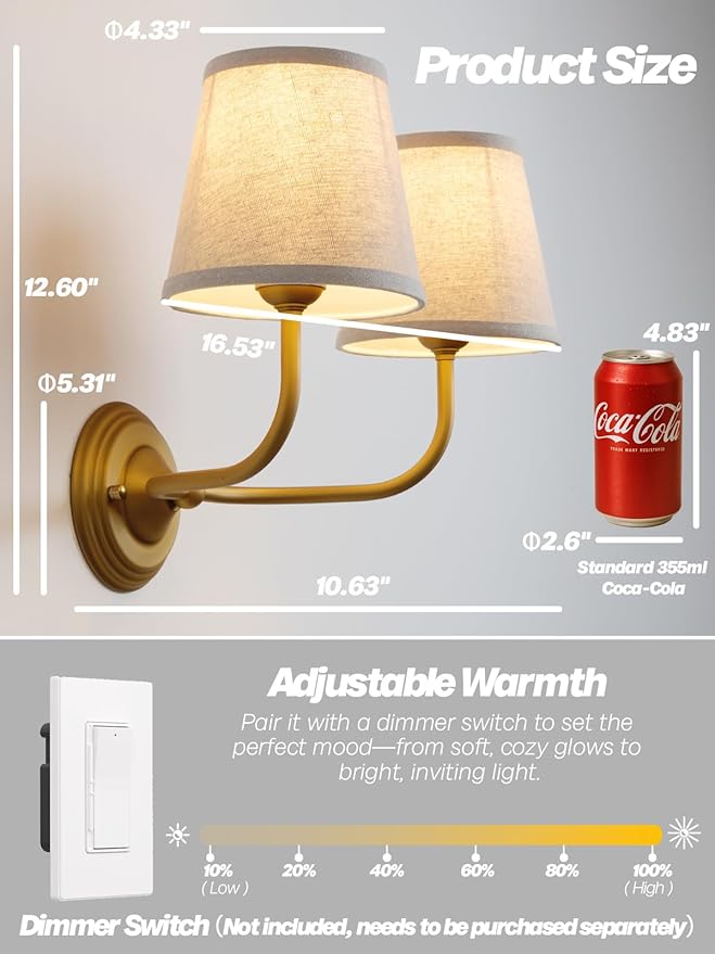 Vintage 2-Lights Fabric Wall Sconce with Linen Cloth Shade, Double Arm Wall Lamp Fixture for Bathroom Bedroom Living Room Hallway