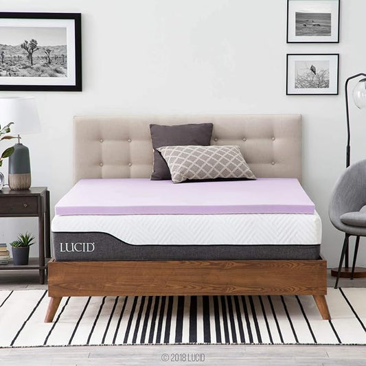 Lucid 2 Inch Lavender Infused Memory Foam Mattress Topper - Ventilated Design – Pressure Relieving Bed Topper - Mattress Pad – CertiPur Certified - Full Size