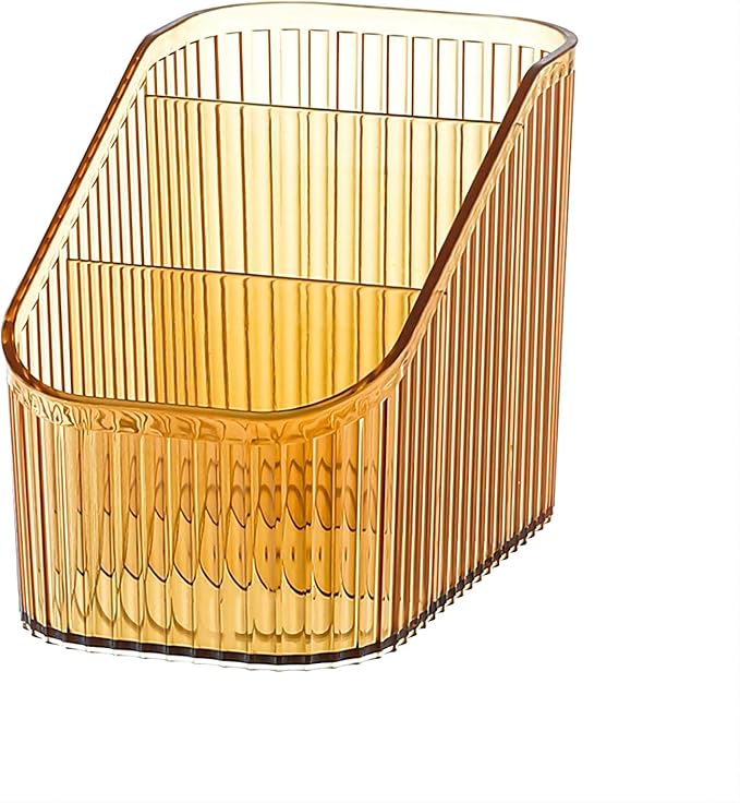 DASITON Large Capacity Makeup Brush Holder,3 Slot Makeup Brush Cup,Vintage striped Make Up Brush Holder,for Vanity Decor,Bathroom Countertops,Desk Storage Container,Cosmetic Display cases(Amber-S)