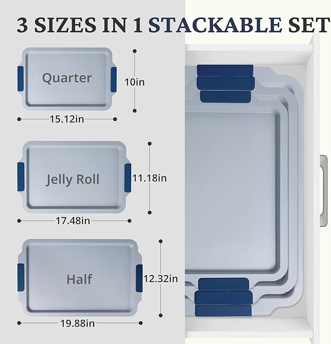 BRONYPRO Non Stick Ceramic Baking Sheet Pan Set of 3, Natural Non Toxic Cookie Sheets for Baking - PFOA, PTFE Free, Heavy Duty Aluminized Steel Oven Trays for Cooking with Silicone Handles, Navy