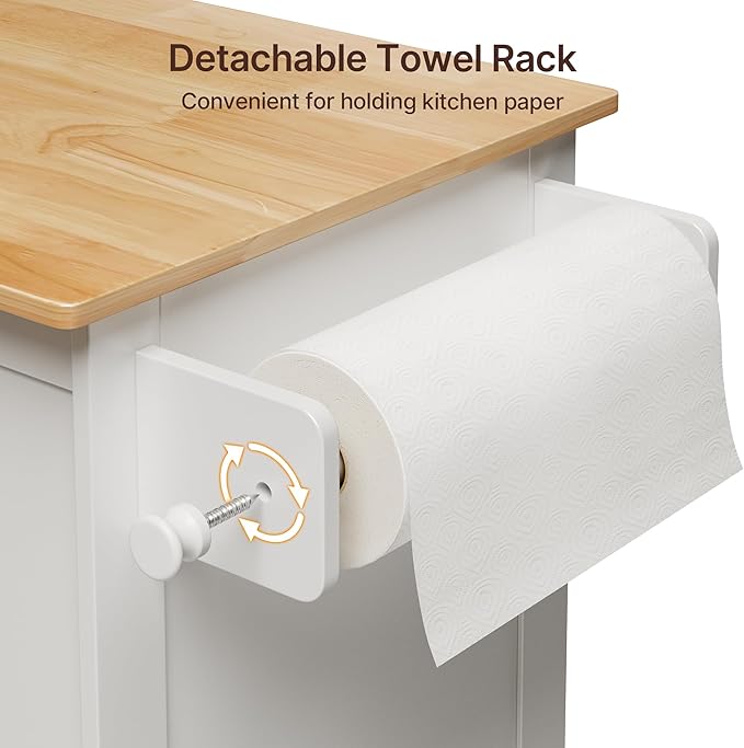 Gizoon Kitchen Island Cart with Adjustable Shelf, 33" W Mobile Trolley Cart on Metal Wheels with Drawer & Storage Cabinet, Spice Rack & Towel Rack, Wooden Countertop, for Dining Room, Bar, White