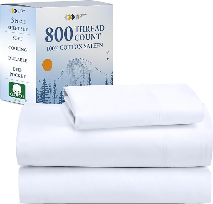 California Design Den Luxury Twin Sheets Set - Buttery Soft 800 Thread Count, 100% Cotton Sheets Sateen - Beats Fake Egyptian Claim, Deep Pockets, Durable Bedding Set (White)