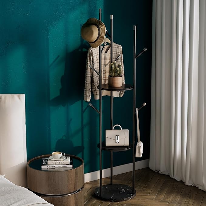 metal Coat Rack whit Marble base,heavy duty coat hanger Stand, Freestanding Coat Racks with 3 Shelves and 9 Hooks,Coat Tree for Entryway, Bedroom, Coats, Bags,purse,Sturdy and Easy to Assemble