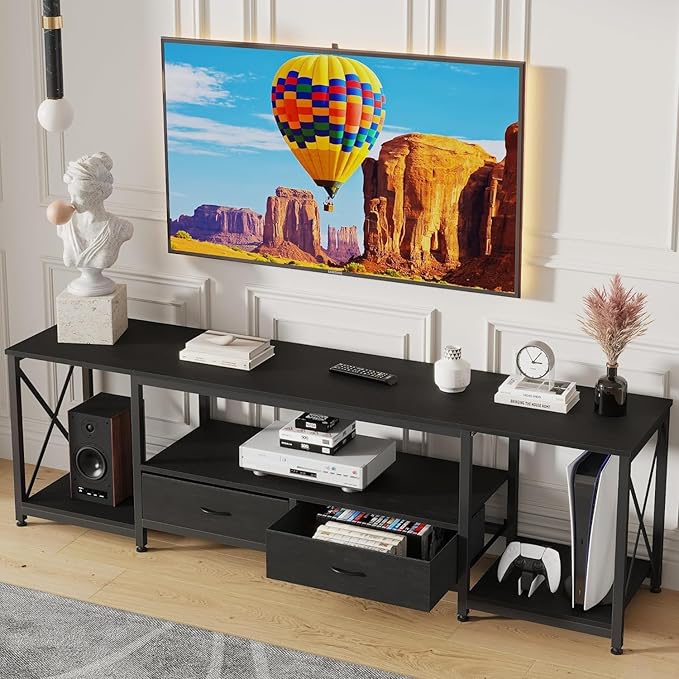TV Stand with Fabric Drawer for 50 55 Inches TV - Entertainment Center and Industrial TV Console Table with Open Storage Shelves for Living Room, Bedroom - 47" Black
