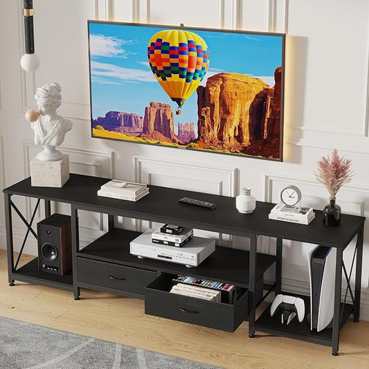 TV Stand with Fabric Drawer for 50 55 Inches TV - Entertainment Center and Industrial TV Console Table with Open Storage Shelves for Living Room, Bedroom - 47" Black