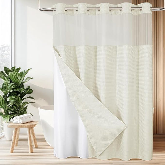 Colorful Star 256GSM Waffle Weave Heavy Duty Shower Curtains, No Hook Shower Curtain with Snap in Fabric Liner, Hotel Style Waterproof Bathroom Curtain Set, 72 x 81 Inch, Ivory