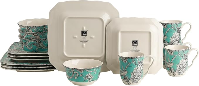 222 Fifth Adelaide 16-Piece Square Floral Dinnerware Set – Service for 4, Turquoise Porcelain Plate, Bowl & Mug Set, Chip Resistant, for Everyday Dining & Entertainment, Microwave & Dishwasher Safe