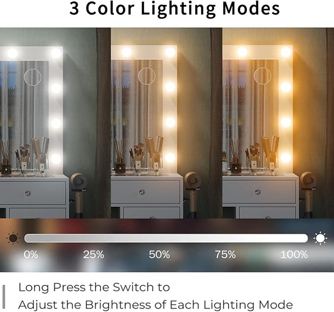 Makeup Vanity with Charging Station, 13 Drawers Vanity Desk with 12 LED Bulbs and HD Mirror, 3 Color Brightness Adjustable, Glass Top, Vanity Set for Bedroom (White)