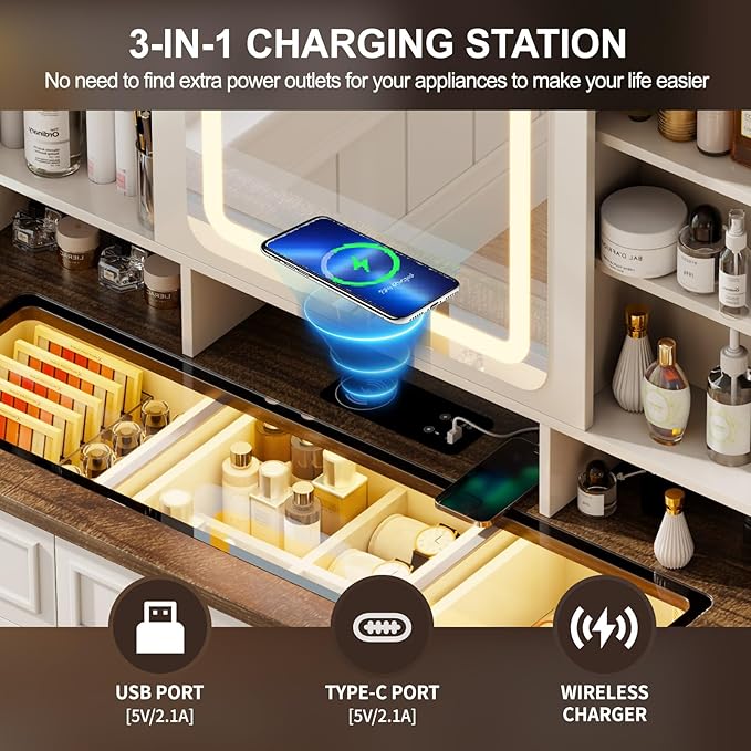 60" W Farmhouse Makeup Vanity Desk with Sliding Mirror and Lights, Charging Glass Top Large Vanity Table with Jewelry Storage,Vanity Set with 6 Drawers,10 Shelves,Side Storage Cabinet,White