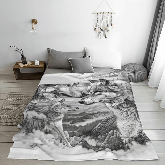 Wolf Blanket Wolfs Throw Blankets Cozy Fleece Flannel Gray and White Blanket Bedding Wolf Stuff Gifts for Men Women Boys Girls Teens Adults for Couch Sofa Bed Decor 50"X60"
