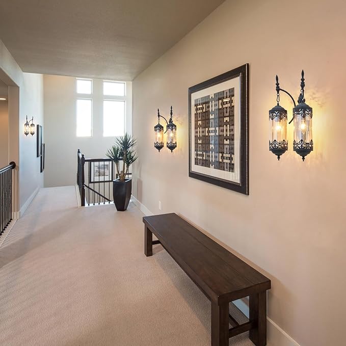 Rustic Wall Sconce with Amber Glass Vintage 2-Lights Antique Gothic Wall Light Fixture Retro Farmhouse Mid Centry Lantern Wall Sconce for Bedroom, Living Room, Mirror, Black, E12