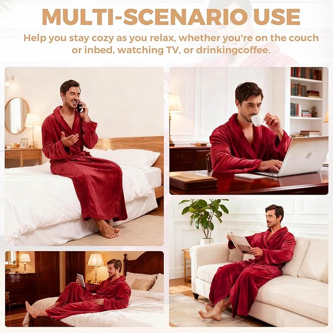 FashGudim Mens Robes Big and Tall Full Length Plush Fleece Long Robe for Men Bathrobe Shawl Collar Warm Winter House Robes