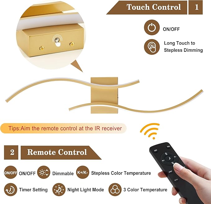 Battery Operated Wall Sconces Set of Two with Remote Control, Stepless Colors 3000K-6000K & Dimming, LED Gold Wireless Wall Light for Living Room, Hallway, Bedroom, 27.5 Inch (2 Pack)