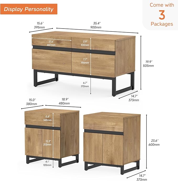WAMPAT TV Stand and End Table Set of 3, Living Room Table Sets, 35 Inch TV Stand and 2 End Table Set with Drawers for Living Room, Entertainment Center, Console TV Table, Oak