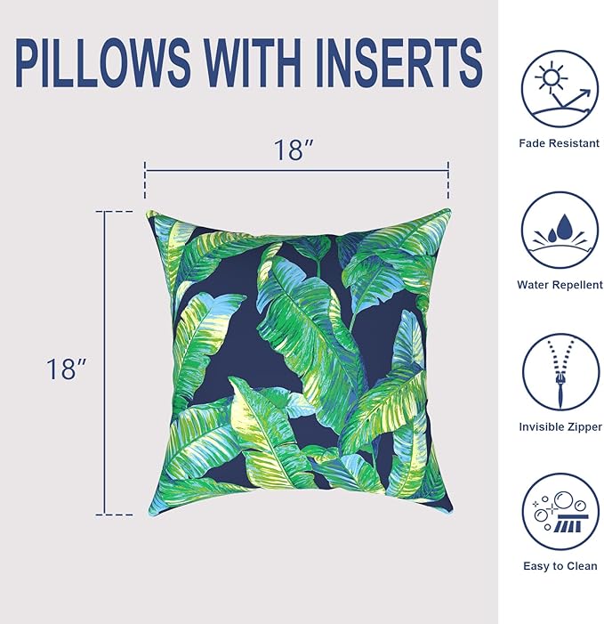 Patio Throw Pillows with Inners, Fade Resistant Square Pillow Pack of 2, Decorative Garden Cushions for Home, 18x18 Inch,Hanalei Lagoon