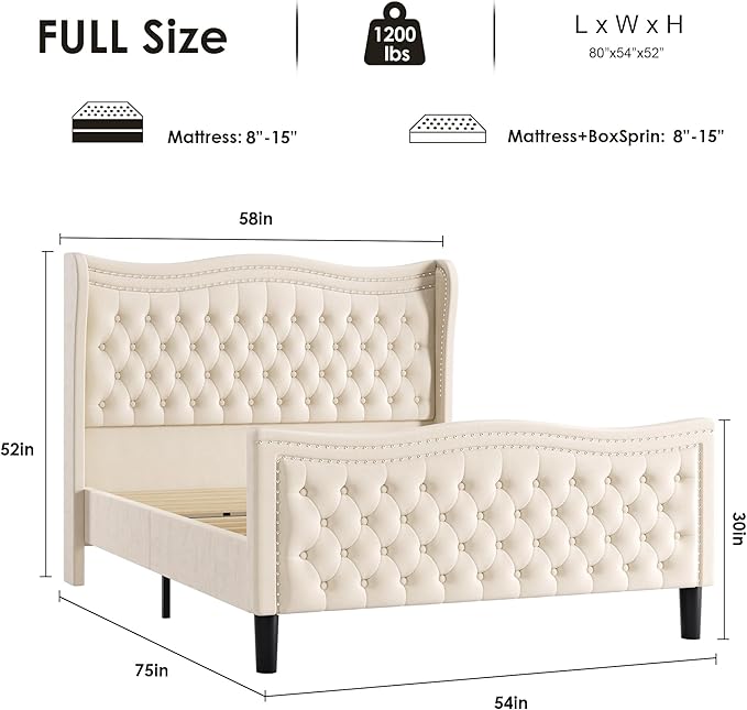 Full Bed Frame with Tall Headboard & Footboard, Velvet Upholstered Platform Bed Frame with Deep Button Tufted Wingback, No Box Spring Needed, Noise Free, Beige