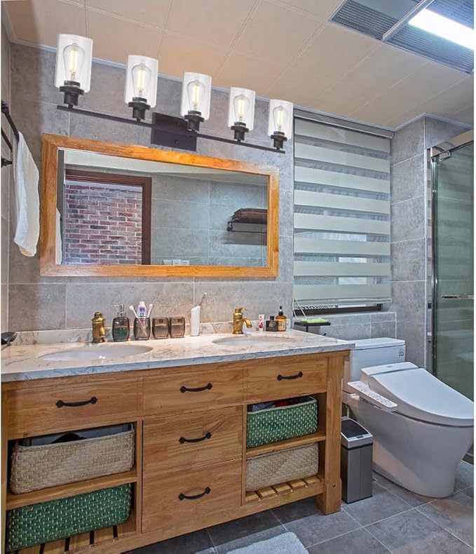 MELUCEE 5-Light Wall Light Fixtures Vanity Lights Bathroom Fixtures Oil Rubbed Bronze Finished with Clear Glass, Industrial Wall Sconce for Bedroom Hallway Kitchen (Patent No.: US D963914 S)