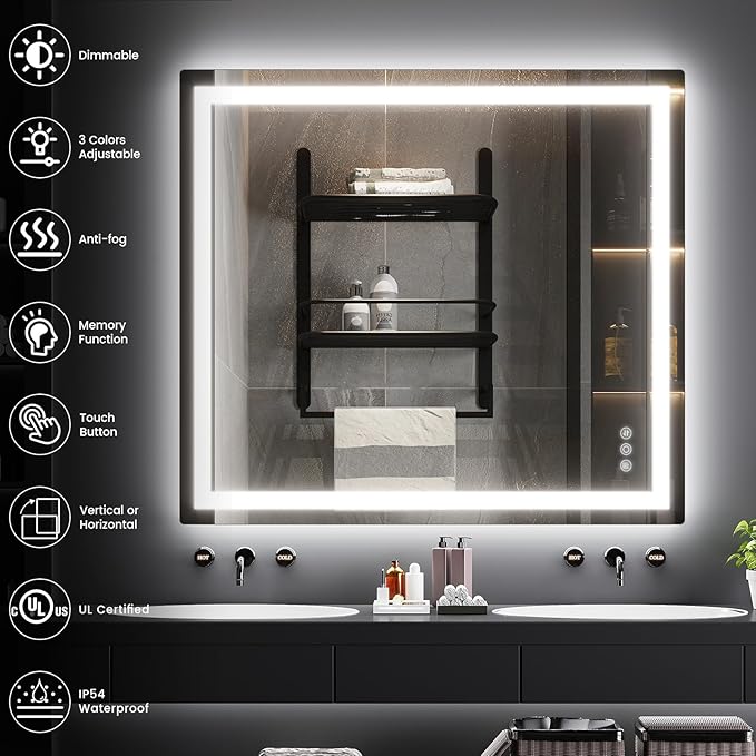 36"x 40" Bathroom Mirror with Lights, LED Mirror for Bathroom with Stepless 3 Colors Temperature & Dimmable Memory Anti-Fog Tempered Glass Mirror