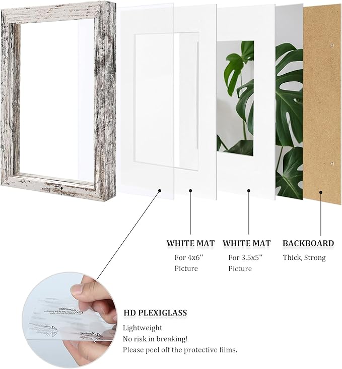 Egofine 4x6 Picture Frame Made of Solid Wood with Plexiglass, Display Pictures 3.5x5 with Mat or 4x6 Without Mat for Tabletop and Wall Mounting, Rustic White