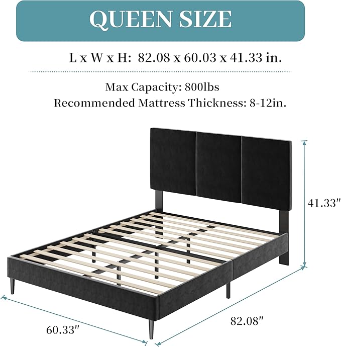 Queen Size Bed Frame with Headboard, Vertical Channel Tufted Heavy Duty Queen Platform Bed Frame, No Springs Required, Easy to Assemble, Black