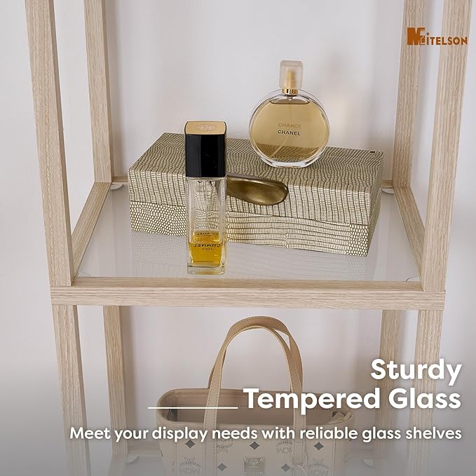 Floor Lamp with Shelves, Modern Standing Lamp with Tempered Glass, Large Display Shelf Lamp, Tall Lamps with Shelves for Living Room, Bedroom, Office, Ashen Oak