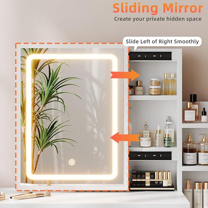 Vanity Desk with Mirror and Lights, Makeup Vanity with 3 Adjustable Lighting Modes, Small Vanity Desk with Sliding Mirror, 4 Drawers, 7 Shelves, Vanity Chair for Bedroom White