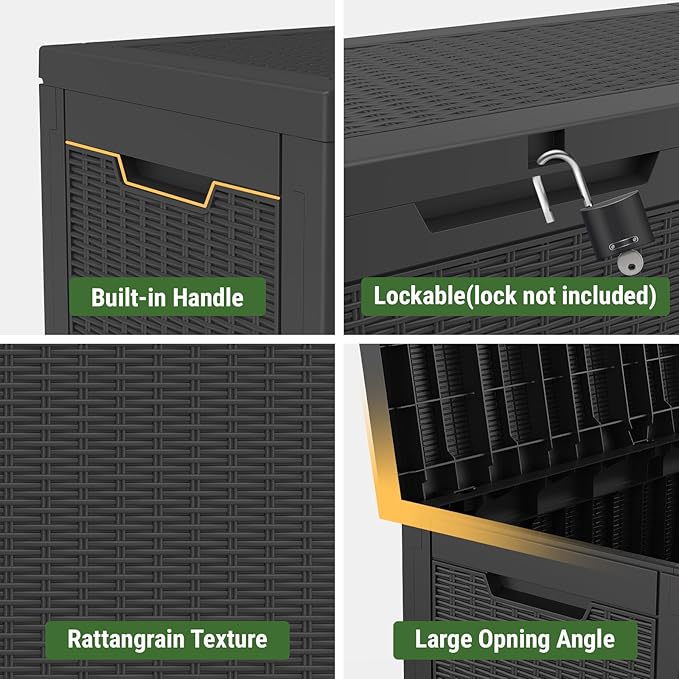 Mars Villa 60 Gallon Deck Box, Outdoor Storage Box Waterproof, Outside Resin Storage Bin for Outdoor Patio Furniture Cushions, Pool Supplies, Garden Tools, UV-Resistant and Weatherproof, Rattan Black