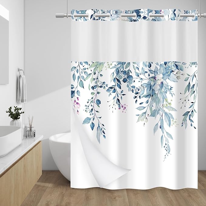 No Hook Shower Curtain with Snap in Liner - Eucalyptus Shower Curtain - Washable Waterproof Inner Liner, Plants Blue Leaves Modern Shower Curtains - Machine Washable, 71 x 80