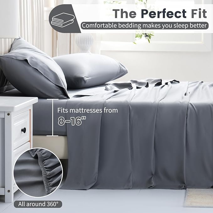 Bedlifes 1000 Thread Count 100% Egyptian Cotton King Size Sheets Set - Sateen Soft Silky Breathable Luxury Cooling 4 Pieces (Light Grey)