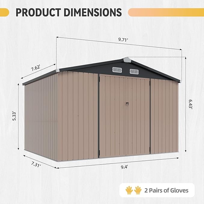 Aoxun 10x8 FT Galvanized Steel Outdoor Storage Shed - Metal Garden Shed with Double Doors, Thick Moisture-Proof Interlocking Floor, Ventilation System - Ideal for Generator & Tool Storage (Brown)