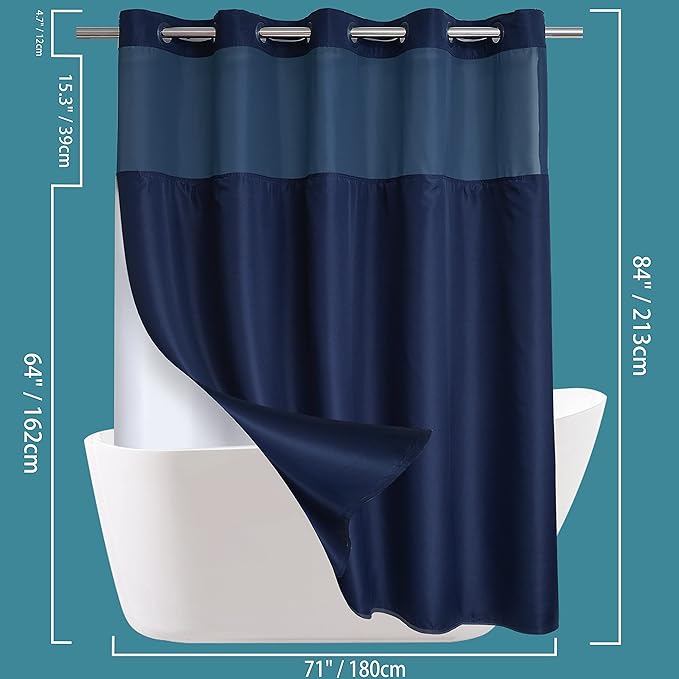 Extra Long No Hook Shower Curtain with Snap in Liner Set, Hotel Luxury Dark Blue Fabric Shower Curtains for Bathroom with See Through Top Window, Washable, Waterproof 71W x 84H