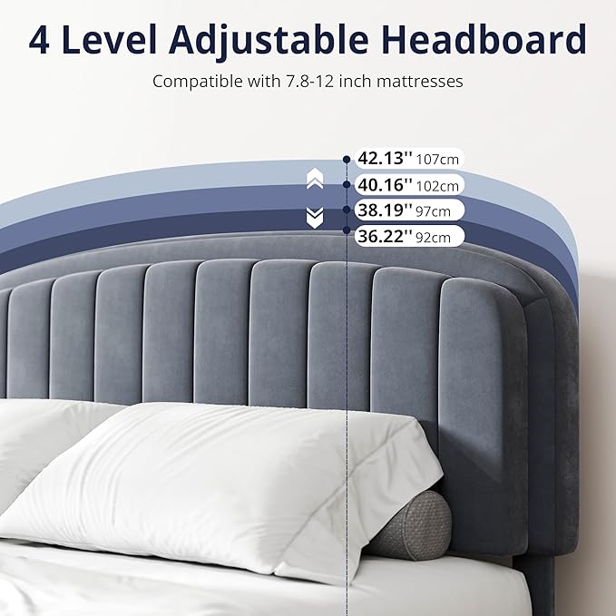 Cozy Castle Queen Bed Frame, Upholstered Platform Bed with Velvet Adjustable Curved Headboard, Mattress Foundation with Strong Wooden Slats, No Box Spring Needed, Easy Assembly, Gray