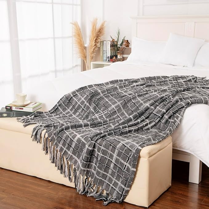 Gealaek Boho Throw Blanket Dark Grey Lightweight Fuzzy Soft Cozy Decorative Blankets for Sofa Bed Farmhouse Throw Blanket Mexcican Blanket with Tassel Black White Charcoal Textured 50" x 60"