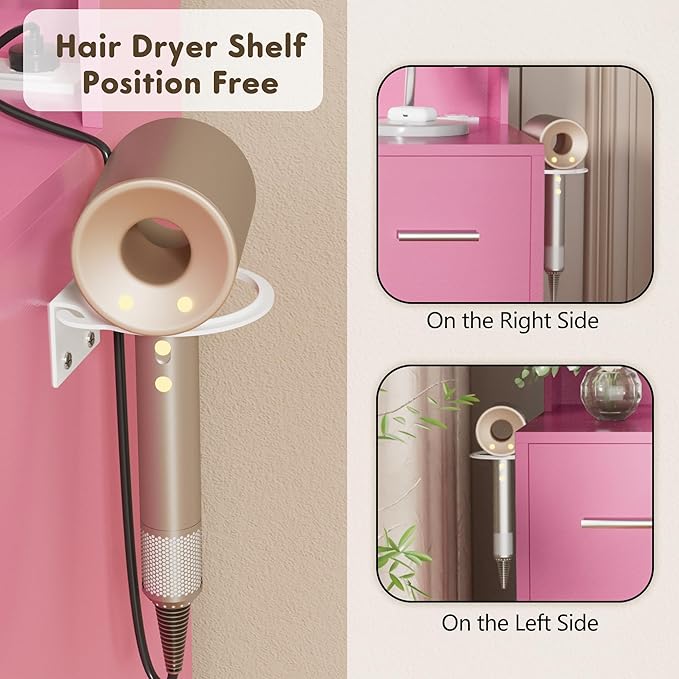 YESHOMY Vanity Desk with Mirror, Power Outlet and 10 Lights, Makeup Table with 7 Drawers, 3 Color Modes Available for Bedroom, Pink