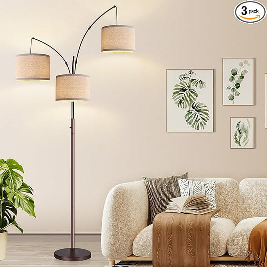 Dimmable Floor Lamp, 3 Lights Brown Arc Floor Lamps for Living Room, Modern Tall Standing Tree Lamp with Beige Linen Shade & Heavy Base, Large Floor Lamp for Bedroom Office, 3x1000 LM Bulbs Included