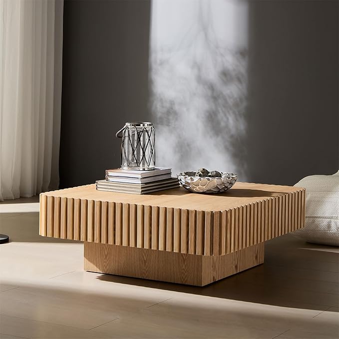 Square Coffee Table for Living Room, Accent Fluted Coffee Table with Storage, Modern Solid Wood Veneered Large Center Tea Table for Small Space Apartment (35.4''D×16''H-Natural)
