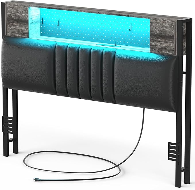 Unikito Upholstered Headboard for Twin Size Bed with Storage and Cabinet, Headboards with Power Outlets, USB Ports and LED Light, Twin Size Head Board Only, Sturdy and Stable Headboard, Black Oak