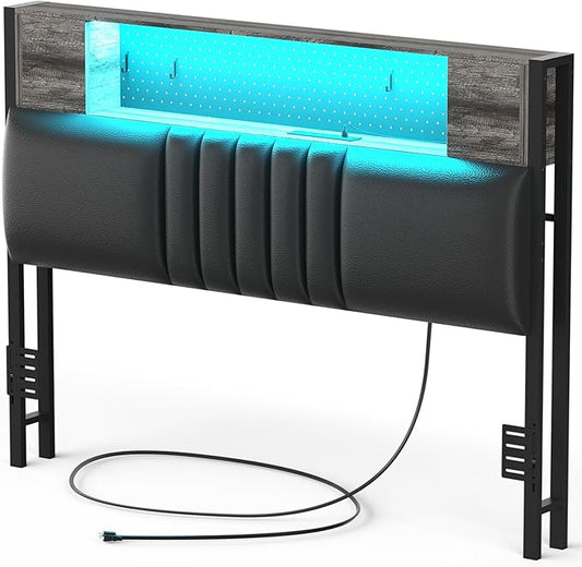 Unikito Upholstered Headboard for Twin Size Bed with Storage and Cabinet, Headboards with Power Outlets, USB Ports and LED Light, Twin Size Head Board Only, Sturdy and Stable Headboard, Black Oak