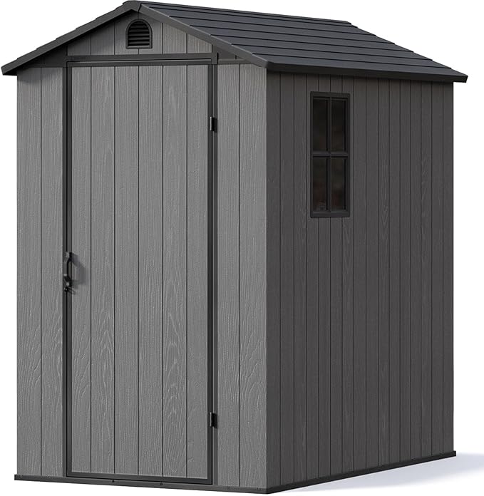 Patiowell 4' x 6' Outdoor Storage Shed with Floor, Plastic Shed Outside Resin Tool Shed with Window and Lockable Door for Backyard Garden Patio Lawn, Dark Grey (Fit-it Shed)
