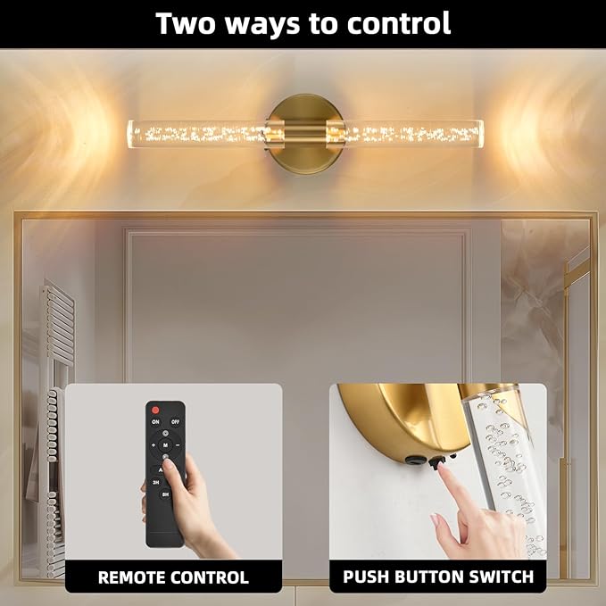 Battery Operated Wall Sconces Set of Two, Gold 20'' Rechargeable Crystal Bubble Wall Sconce with Remote Control, 3000K-6000K Dimmable LED Wireless Wall Lights for Living Room Bedroom Bathroom Hallway