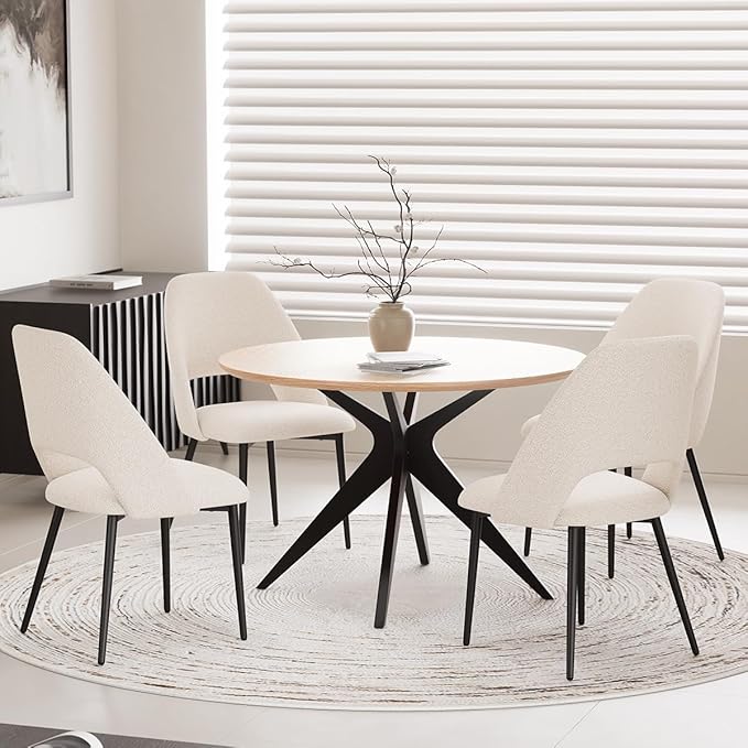Kidol & Shellder 45.2" Round Dining Table Set for 2-4 People Modern MDF Wooden Dining Room Round Table with X-Shaped Metal Base Kitchen Table（Natural Table+2pcs Beige Chairs）