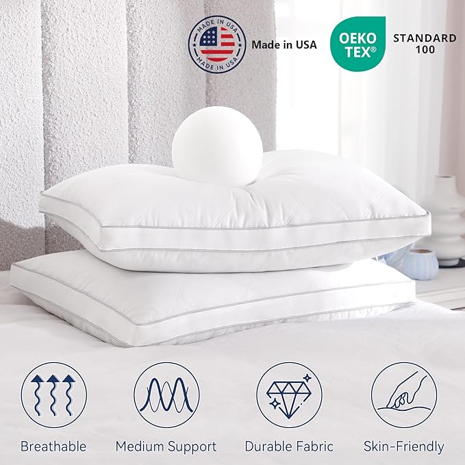 Peace nest Gusseted Bed Pillows Standard 20x26 Inches Set of 2 Made in USA Goose Feathers and Down with Cotton Cover Hotel Collection Luxury Soft Sleeping White Pillow