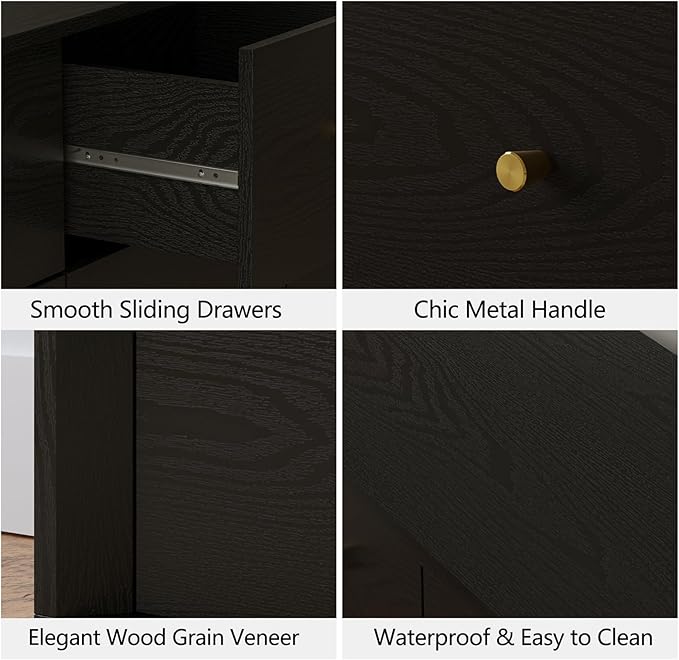 9 Drawer Dresser, Mid Century Modern Dresser with Storage, 55" Wide Chest of Drawers with Wood Grain Texture, Drawers Organizer for Bedroom, Living Room, Hallway, Black