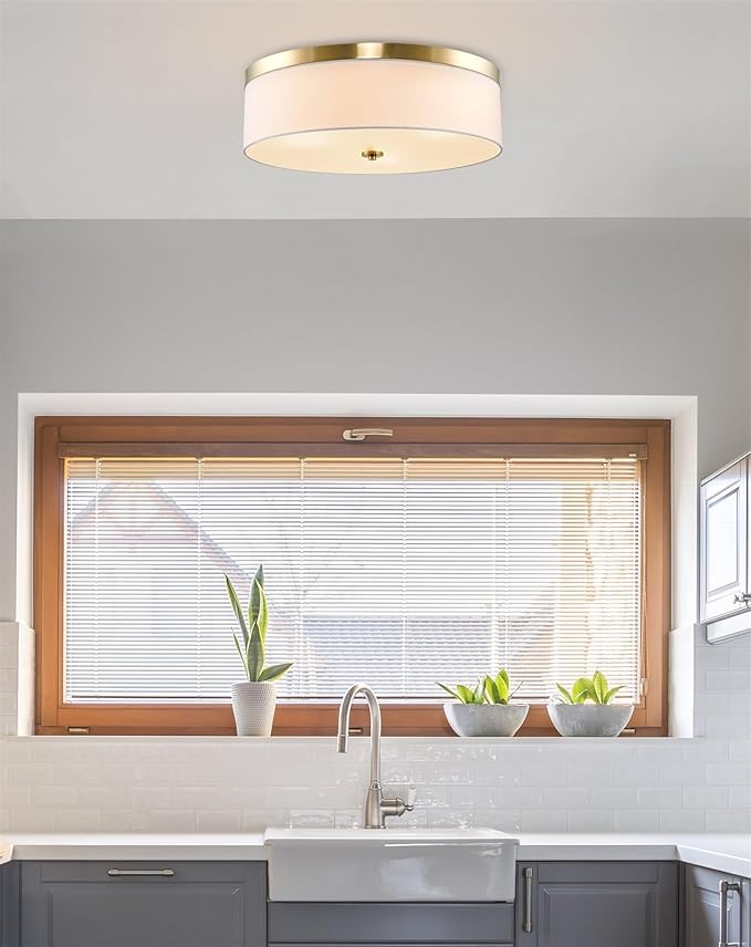 Kira Home Walker 20" Large Mid-Century Modern 3-Light Flush Mount Ceiling Light, White Fabric Shade + Round Glass Diffuser, Cool Brass Finish